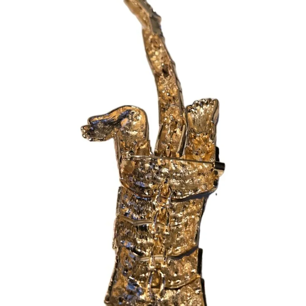 New Cheetah Shoulder Brooch Moving Rhinestone Gold Tone Black Green Eyes Jewelry